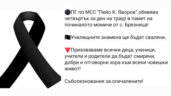 Обявиха ден на траур в ПГ по МСС Гоце Делчев, в памет на починалото 15-годишно момиче